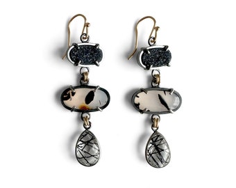 Montana Agate, Black Drusy, 18k Gold, Tourmalinated Quartz, Sterling Silver and Gold Filled Handmade Dangle Earrings