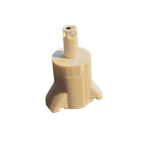 May include: A beige, 3D-printed object with a cylindrical body and a flared base. It has a vertical, narrow tube extending upwards from the top. The object appears to be a custom-made component or part.