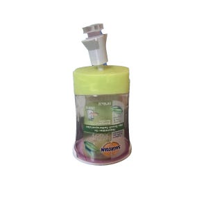 May include: A clear plastic hand soap dispenser with a light green lid and a white pump. The dispenser has a capacity of 250ml and features the brand name "SAGROTAN" and the words "Healthy Touch".