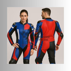 Red & Blue Cowhide Leather Motorcycle Racing Suit - CE Armored Moto Safety Gear - Men's Custom Biker Leathers - Track Day Protective Suit