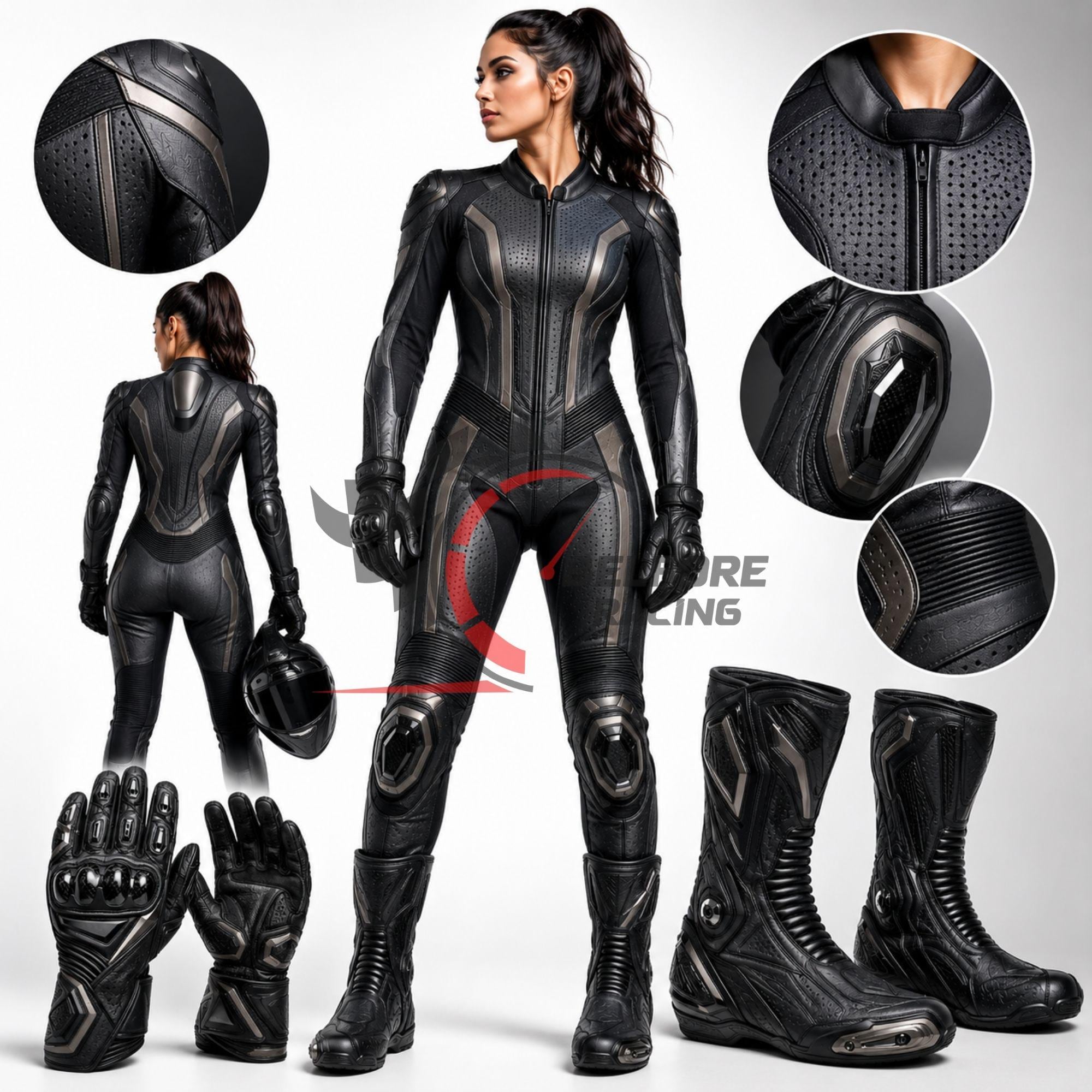 Custom Women's Leather Motorcycle Racing Suit, Boots, Gloves Set