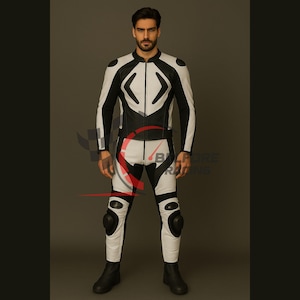 Premium Motorcycle Racing Leather Suit – CE Marked & Custom Fit | Track Day Black and White MotoGP Gear Knee Sliders