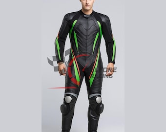 CE-goedgekeurd rundleer motorracepak: groen en zwart gepantserde motorkleding
