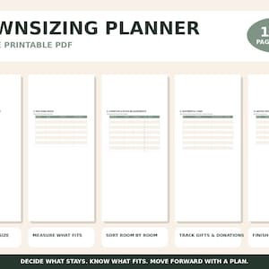 Könnte beinhalten: Ein 14-seitiger, druckbarer PDF-Planer für die Verkleinerung des Wohnraums mit weißem Hintergrund und dunkelgrünem Text. Das Dokument enthält Abschnitte für einen Schlachtplan, Möbelmaße, das Sortieren von Gegenständen und Umzugspläne.