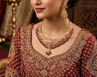 punjabi jadau 22k Gold Plated Jadau Necklace Set in Ruby stones & Pearl . Indian Jewelry