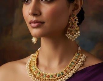 Handmade 24K Gold Plated Jadau Necklace Set with earrings: Indian Bridal Navratan Necklace