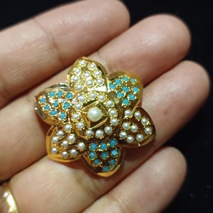Turquoise Jadau Ring: 22K Gold Plated Indian Jewelry