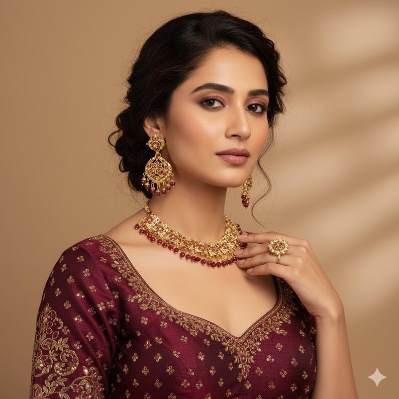 Royal Ruby Gold-Plated Choker Necklace Set | Bridal & Party Wear Jewelry image 1