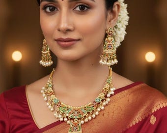 Jadau Navratan Necklace: 22k Gold Plated Indian Wedding Jewelry