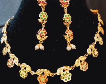 Navratan Jadau Necklace Set: Elegant Indian Jewelry