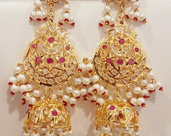 Jadau Jhumki Earrings, Gold Plated Kundan Faux Pearls, Long Statement Indian Bridal