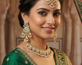 punjabi jadau Necklace set with tika in firozi stones and pearls. Indian jewellery