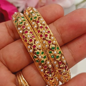 Punjabi traditional jadau Bangles in semi precious pearls and stones.  Indian jewellery