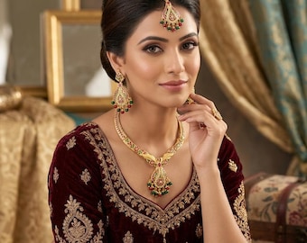 Indian Bridal jadau Jewellery .Gold Plated Necklace Earrings Tikka Set Pakistani Wedding Jewelry .