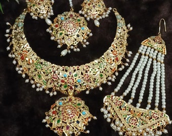 Handmade 24K Gold Plated Jadau Bridal Set: Indian Wedding Jewelry