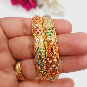 Punjabi jadau Bangles in Navratan with pearls and stones/ Indian jewellery