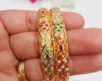 Punjabi jadau Bangles in Navratan with pearls and stones/ Indian jewellery