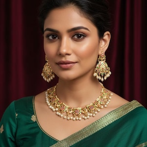 Jadau Choker Necklace Set: Gold Plated Kundan Bridal Jewelry