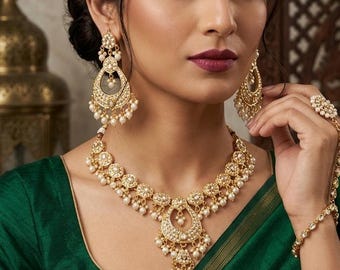 Jadau Pearls Necklace Set with tika: 22K Gold Plated set. Indian JEWELLERY