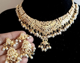 Jadau Necklace Set, Bridal Hydrabadi Choker | 24K Gold Plated | Ruby Emerald Pearl, Silver 925