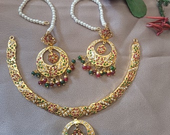 Handcrafted Jadau Necklace Set: 24K Gold Plated, Pearls & Stones