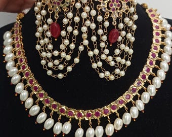 Royal Hydrabadi jadau Ruby and Pearl Kundan Necklace Set. Indian jewellery.