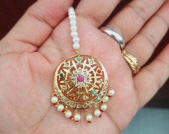 Floral Kundan pearl Maang tikka in teardrop design