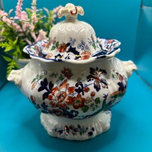 Lidded Staffordshire Porcelain Tureen with an Asian Motif, Antique Rare Bright and Beautiful