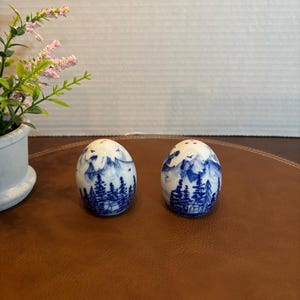 Set Vintage japanische blaue und weiße eiförmige Salz- und Pfefferstreuer, 2 1/4 &quot;hoch, KEINE FLAWS!