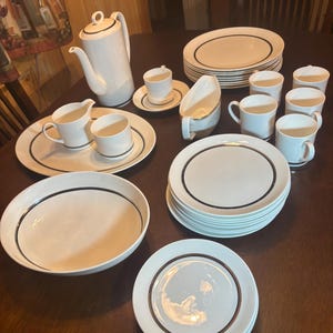 May include: A white porcelain dinner service with a black border. The set includes plates, bowls, cups, saucers, a creamer, a gravy boat, and a coffee pot. The items are arranged on a dark brown wooden table.