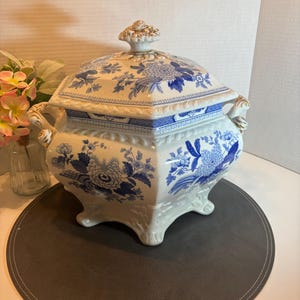 Antique Rare Lidded J.W.R. Staffordshire Porcelain Blue Transfer Decorated Soup Tureen, Bright and Beautiful, 12" x 12" x 11" Tall, 1800s