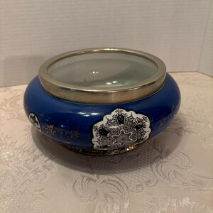 Ornate Osaka Fenton JKL Bowl, 8" x 3 3/4", with 5 1/2" Opening, Blue with Gold Gilding