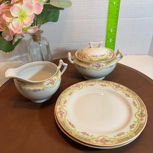 Set of 2 Vintage Limoges France Elite Works 6 5/16&quot; Bread Plates, with Cream and Sugar, Tea Cup and Saucer, Floral Garland, MINT! No Flaws!