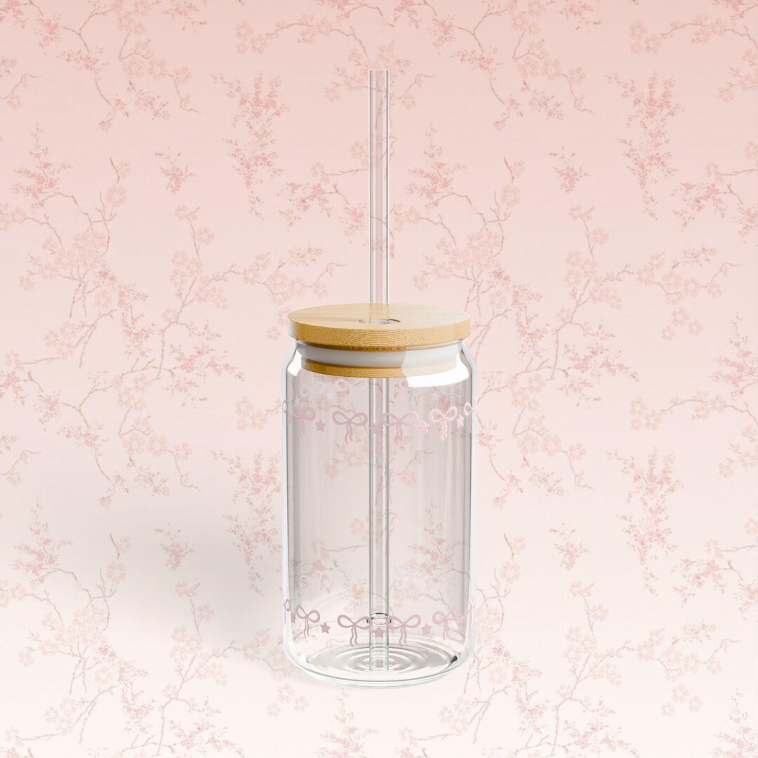 Coquette Pink Bow Line Aesthetic Charm 16 Oz Sipper Glass Cup With a ...