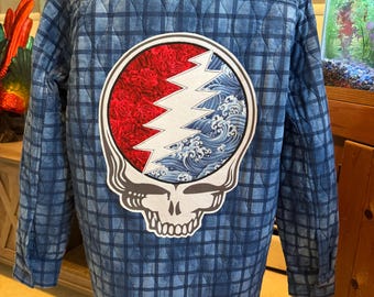 Quilted jacket Blue with Grateful Dead roses and waves steal your face extra large Grateful Dead patch