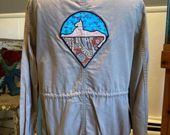 Khaki jacket coat with cats under the stars Grateful Dead patch
