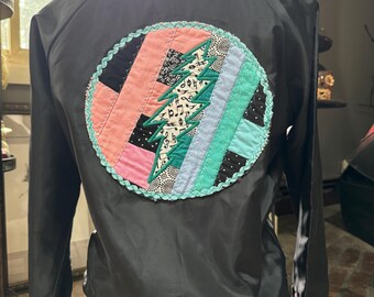 Flower embroidered black satin~like bomber jacket coat with quilted Grateful Dead bolt patch