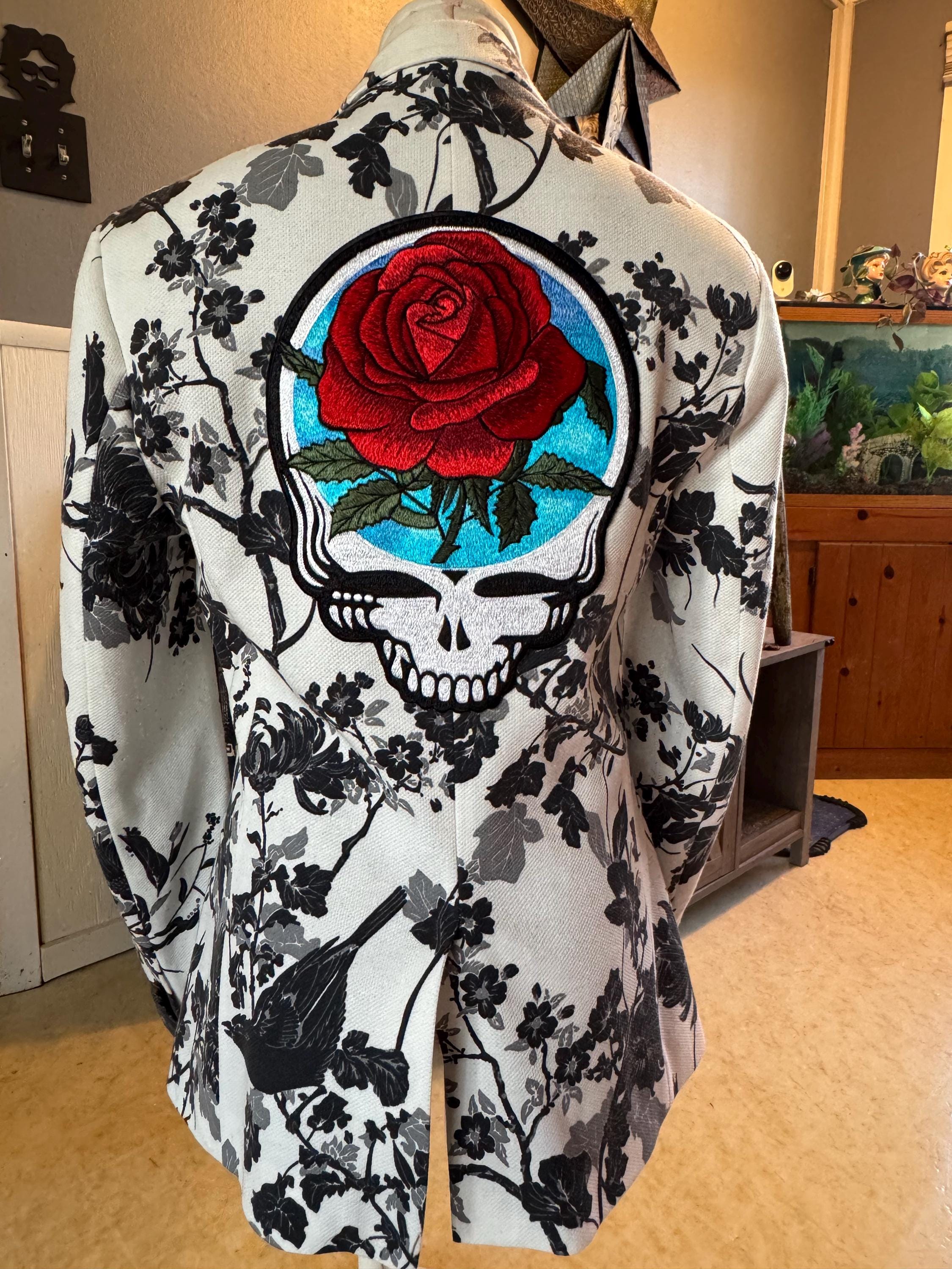 Flowered Blazer Jacket Black and White With Red and Blue Grateful 