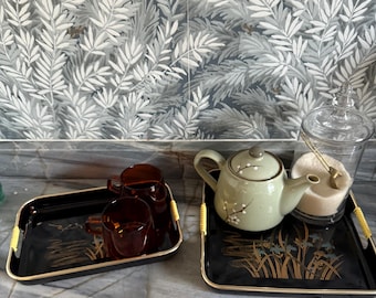Vintage Japanese Design Black and Gold Acrylic Serving Tray | Birds, Bamboo & Iris Motif | Mid Century Elegance