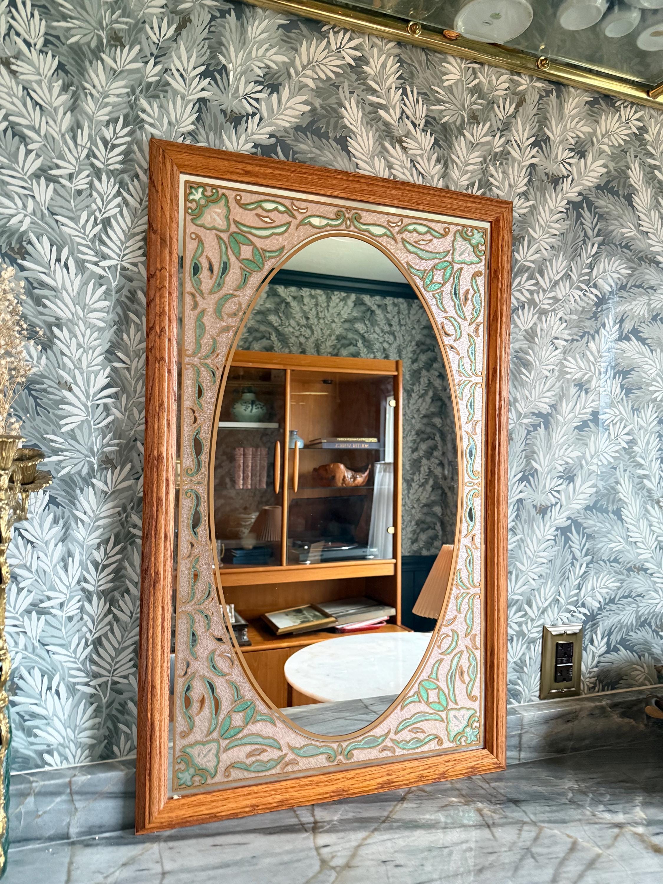 Vintage Tiffany Rose Mirror by Windsor Art – Oak Frame | Mid