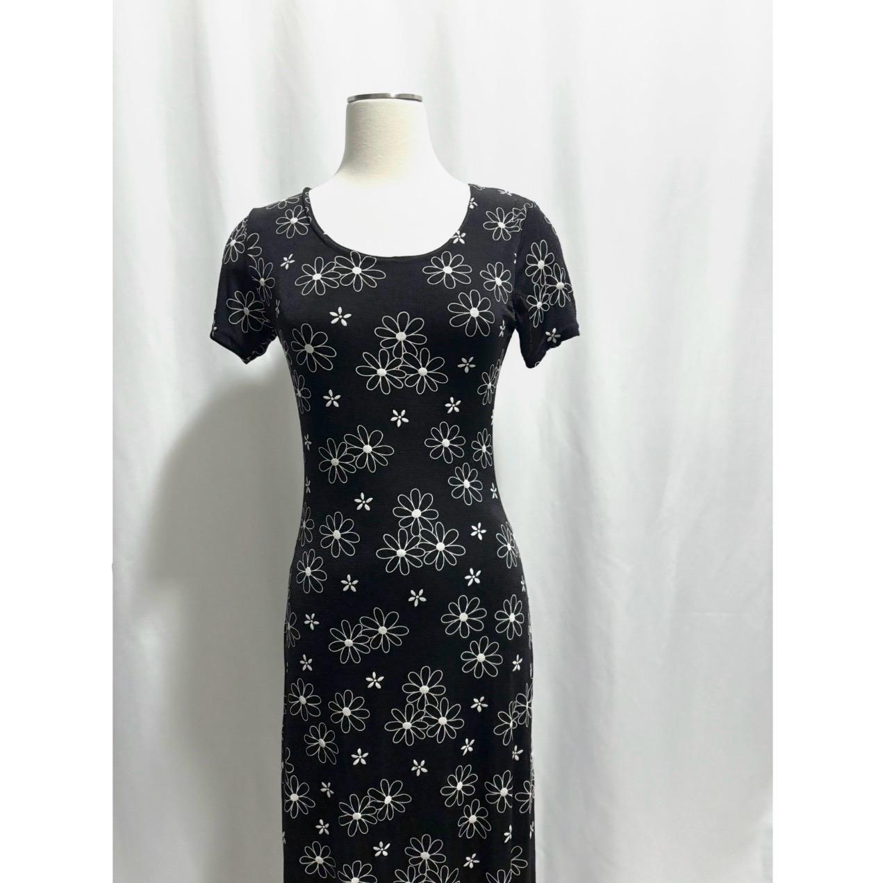 Black Maxi Dress w/ White Floral Print - Soft, Sheer, Short Sleeve, Size Small, Repaired Pit Area, Flowy & Versatile Wardrobe Staple Black Maxi Dress w/ White Floral Print - Soft, Sheer, Short Sleeve, Size Small, Repaired Pit Area, Flowy & Versatile Wardrobe Staple