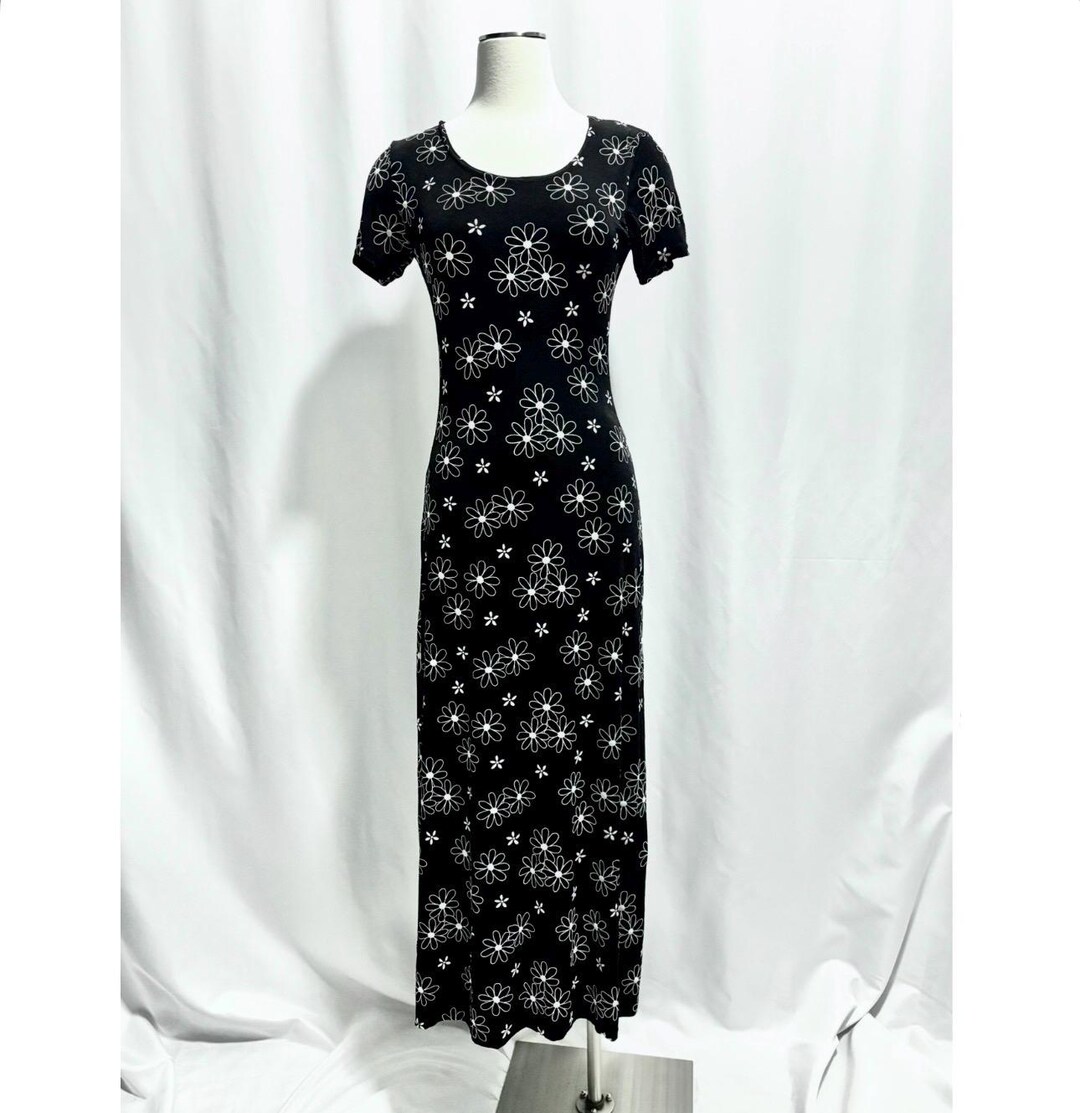 Black Maxi Dress w/ White Floral Print - Soft, Sheer, Short Sleeve, Size Small, Repaired Pit Area, Flowy & Versatile Wardrobe Staple