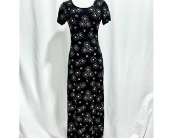 Black Maxi Dress w/ White Floral Print - Soft, Sheer, Short Sleeve, Size Small, Repaired Pit Area, Flowy & Versatile Wardrobe Staple