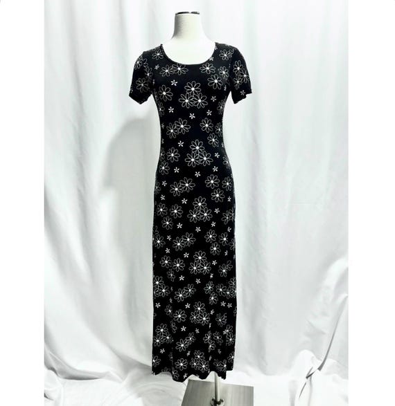 Black Maxi Dress W/ White Floral Print – Soft, Sheer, Short Sleeve