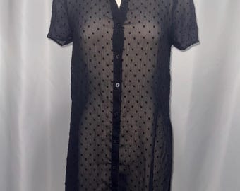 ELLE Sheer Schwarz Button-Down Shirt Gothic Adrette Soft Layering Bluse Y2K Größe S