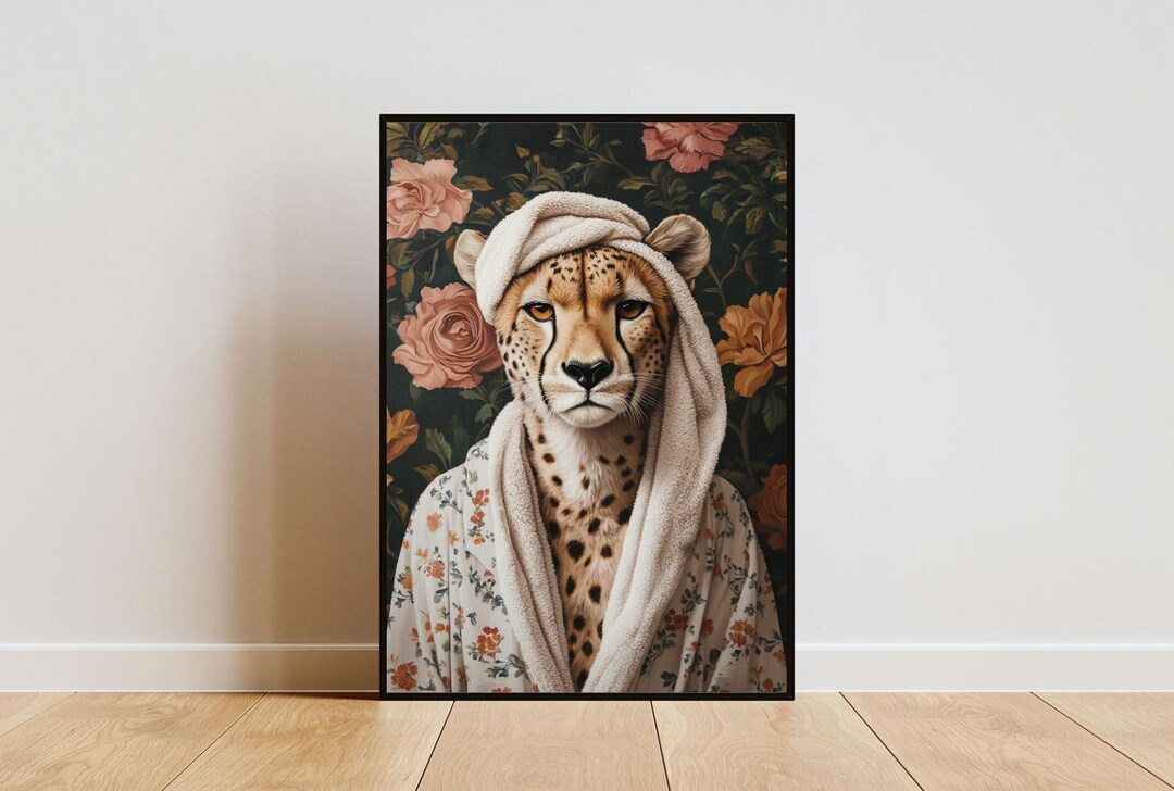 Cheetah in Bathrobe Poster, Animal Poster, Cheetah Bathroom Print ...