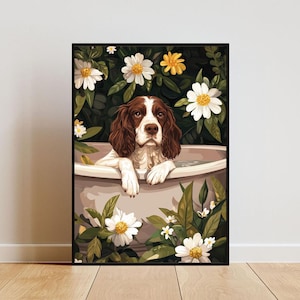 English Springer Spaniel In Bathtub Poster, Funny Dog Poster, English Springer Spaniel Bathroom Print, English Springer Spaniel Bath Poster