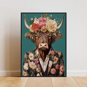 Póster de vaca de las Highlands con traje, retrato de vaca de las Highlands, pintura al óleo de vaca, póster de cuerpo humano con cabeza de animal, póster divertido de animales, impresión de animales