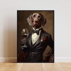May include: A brown and grey dog wearing a black tuxedo and bow tie holds a glass of red wine. The dog is painted in a portrait style against a dark brown background.