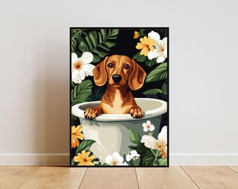 Dackel in der Badewanne Poster, lustiger Hund Poster, Dackel Badezimmer Poster, Dackel Bad Poster, Haustier Poster, Hund Badezimmer Poster, Hunde WallArt